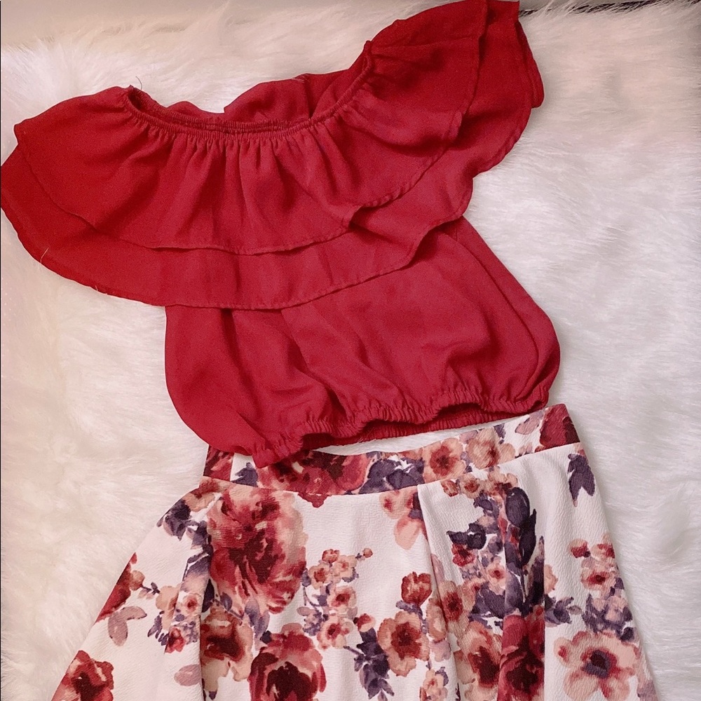 Cold Shoulder Crop Top Ruffle Layered Top Flower Girl Skirt Sets for Girl